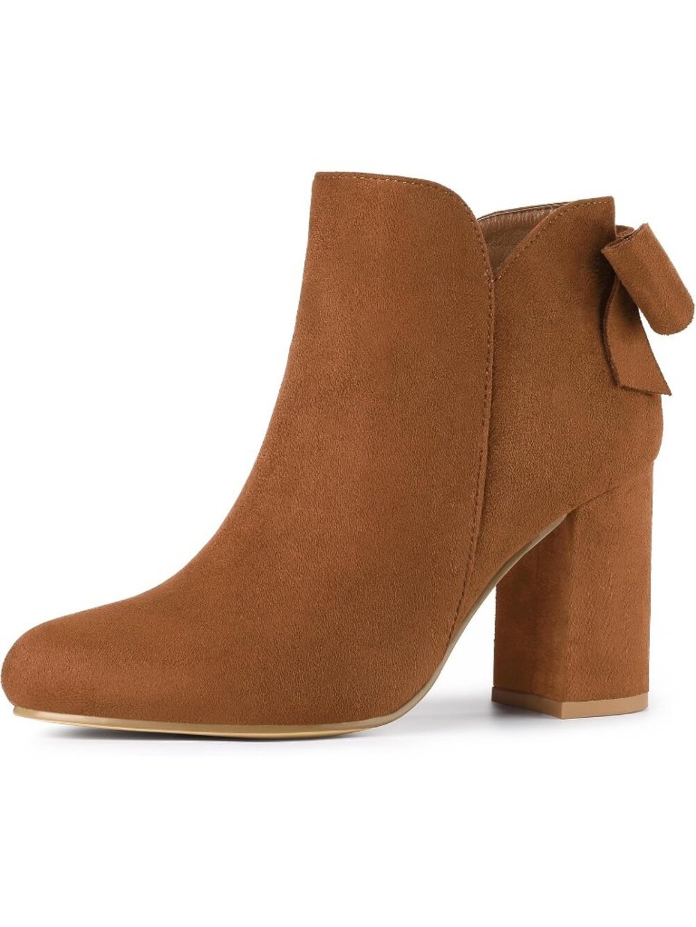 Women's Brown Round Toe Bow Decor Chunky Heel Side Zipper Stylish Ankle Boots